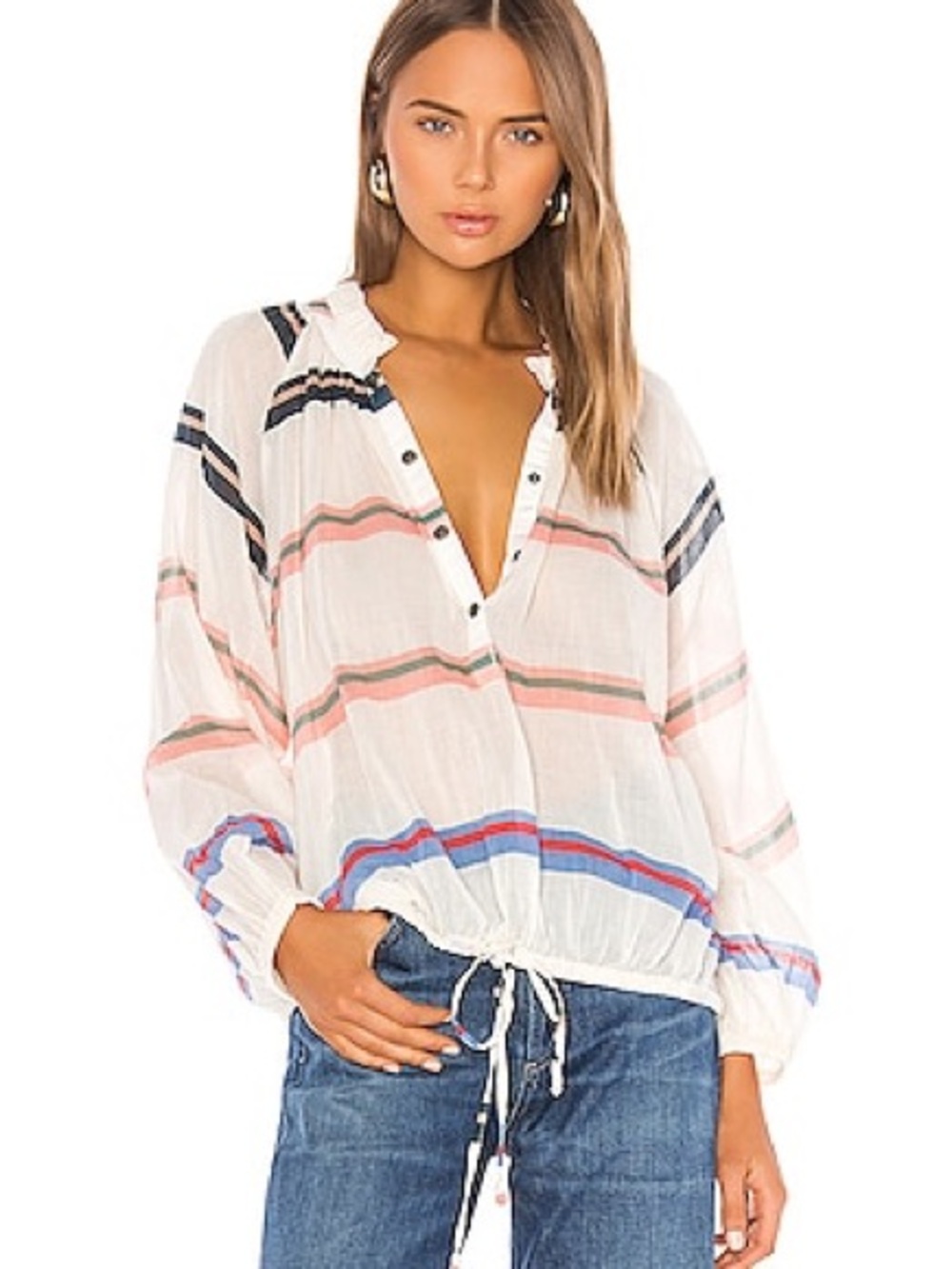 Apiece Apart White Striped Drawstring Hem Blouse with Pink and Blue Accents